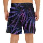 Violet Tropical Leaves Print Men's Split Running Shorts