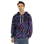 Violet Tropical Leaves Print Men's Velvet Pullover Hoodie