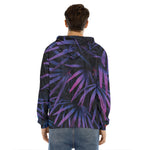 Violet Tropical Leaves Print Men's Velvet Pullover Hoodie