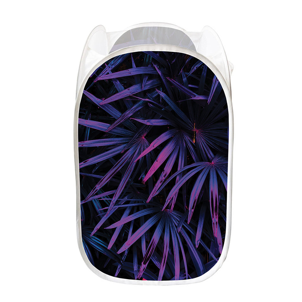 Violet Tropical Leaves Print Mesh Laundry Hamper