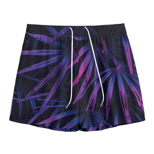 Violet Tropical Leaves Print Mesh Shorts