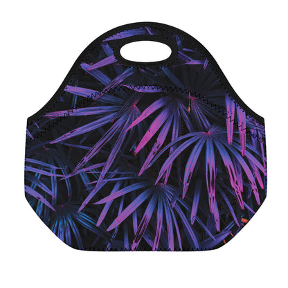 Violet Tropical Leaves Print Neoprene Lunch Bag
