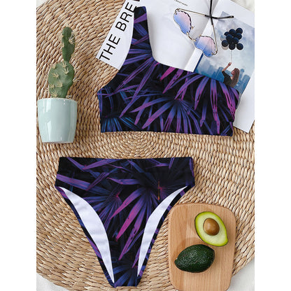 Violet Tropical Leaves Print One Shoulder Bikini Top