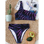 Violet Tropical Leaves Print One Shoulder Bikini Top