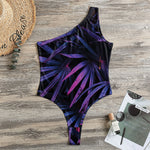 Violet Tropical Leaves Print One Shoulder Bodysuit
