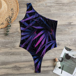 Violet Tropical Leaves Print One Shoulder Bodysuit