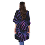 Violet Tropical Leaves Print Open Front Beach Cover Up