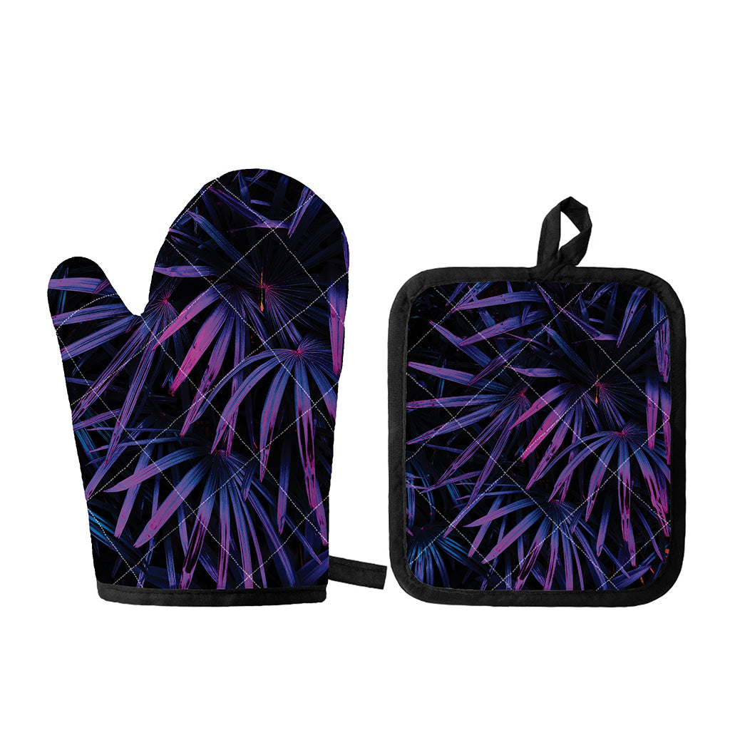 Violet Tropical Leaves Print Oven Mitt And Pot Holder Set