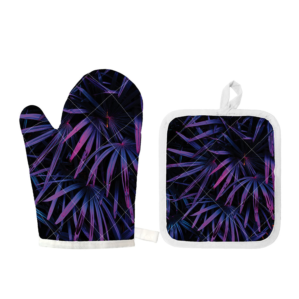 Violet Tropical Leaves Print Oven Mitt And Pot Holder Set