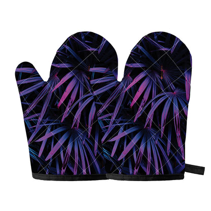 Violet Tropical Leaves Print Oven Mitts