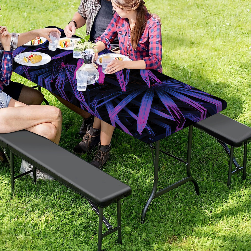 Violet Tropical Leaves Print Picnic Table Cover
