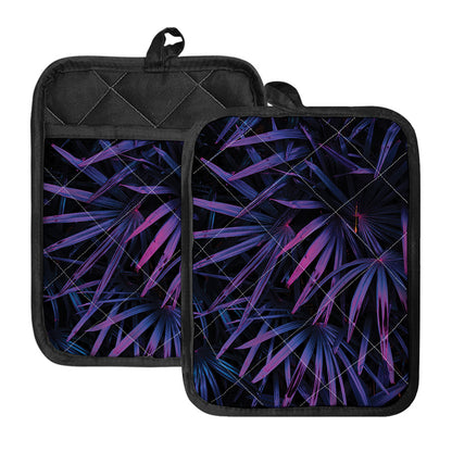 Violet Tropical Leaves Print Pot Holders With Pocket