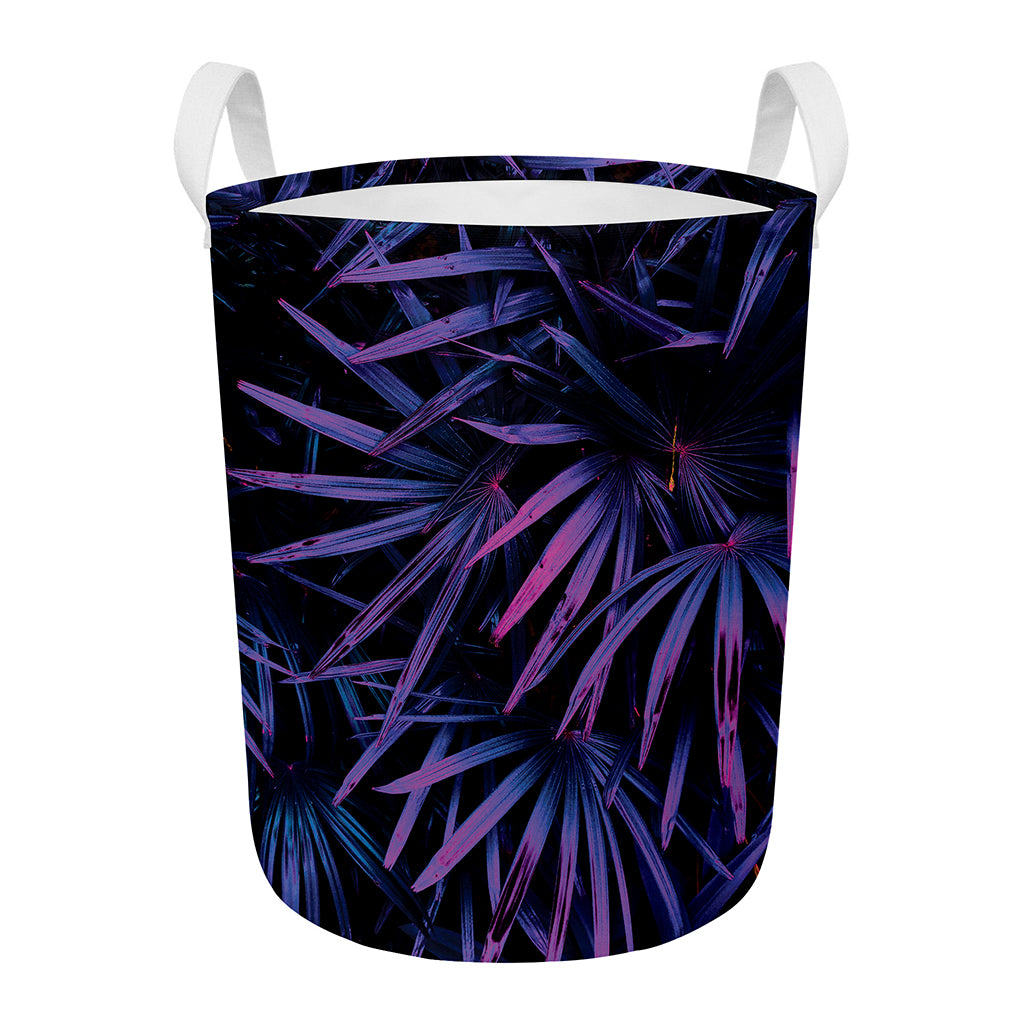 Violet Tropical Leaves Print Round Laundry Basket