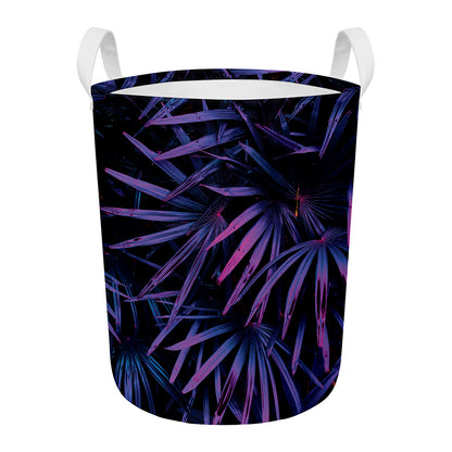 Violet Tropical Leaves Print Round Laundry Basket
