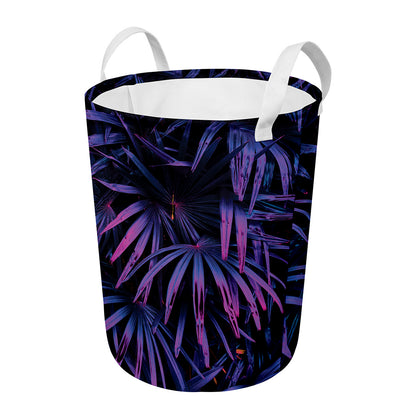 Violet Tropical Leaves Print Round Laundry Basket