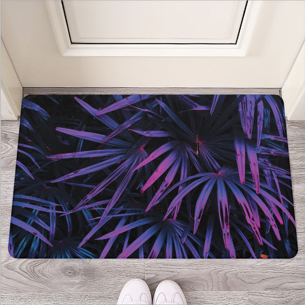Violet Tropical Leaves Print Rubber Doormat