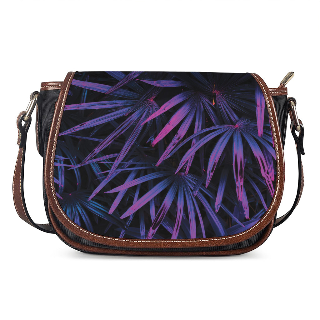Violet Tropical Leaves Print Saddle Bag