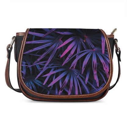 Violet Tropical Leaves Print Saddle Bag