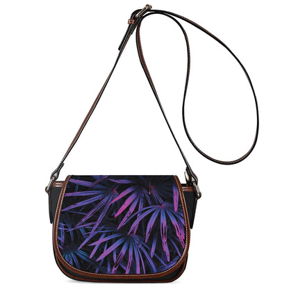 Violet Tropical Leaves Print Saddle Bag