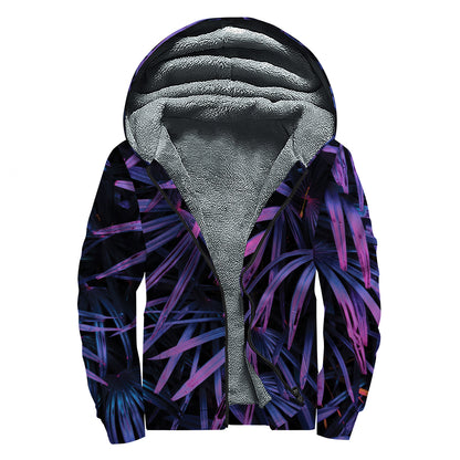Violet Tropical Leaves Print Sherpa Lined Zip Up Hoodie