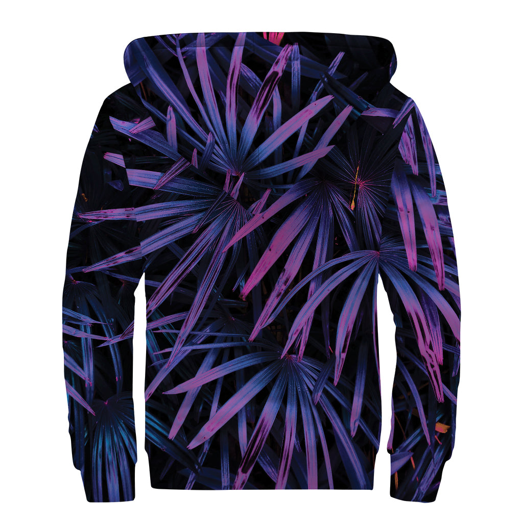 Violet Tropical Leaves Print Sherpa Lined Zip Up Hoodie