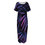 Violet Tropical Leaves Print Short Sleeve Long Nightdress