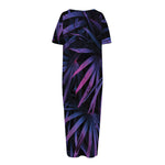 Violet Tropical Leaves Print Short Sleeve Long Nightdress