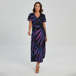 Violet Tropical Leaves Print Short Sleeve Maxi Dress