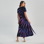 Violet Tropical Leaves Print Short Sleeve Maxi Dress
