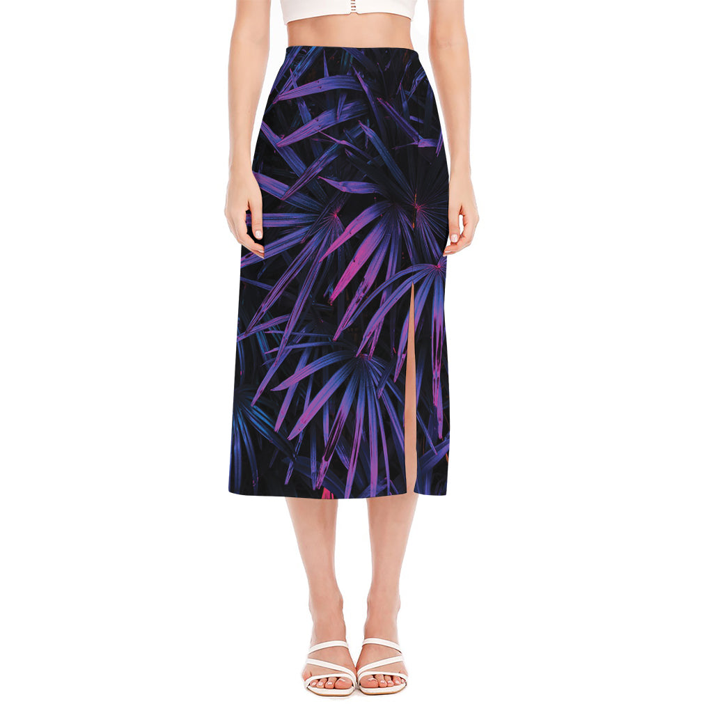 Violet Tropical Leaves Print Side Slit Midi Skirt