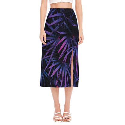 Violet Tropical Leaves Print Side Slit Midi Skirt