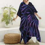 Violet Tropical Leaves Print Silk V-Neck Kaftan Dress