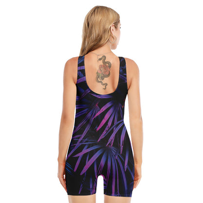 Violet Tropical Leaves Print Sleeveless One Piece Swimsuit