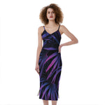Violet Tropical Leaves Print Slim Fit Midi Cami Dress