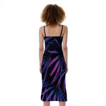 Violet Tropical Leaves Print Slim Fit Midi Cami Dress