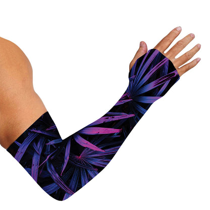 Violet Tropical Leaves Print Sun Protection Arm Sleeves