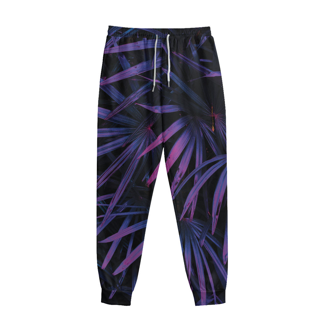 Violet Tropical Leaves Print Sweatpants