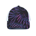 Violet Tropical Leaves Print White Mesh Trucker Hat