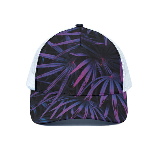 Violet Tropical Leaves Print White Mesh Trucker Cap
