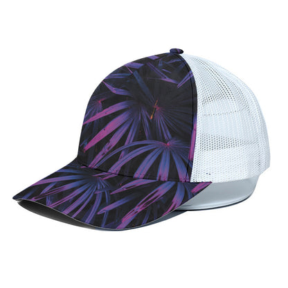 Violet Tropical Leaves Print White Mesh Trucker Cap