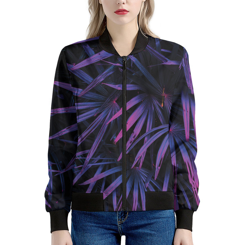 Violet Tropical Leaves Print Women's Bomber Jacket