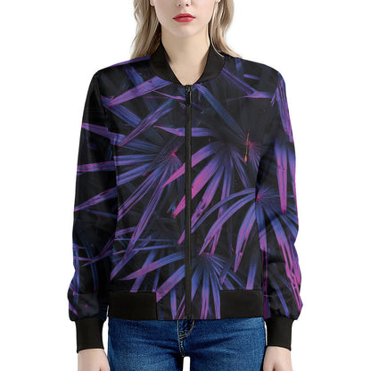 Violet Tropical Leaves Print Women's Bomber Jacket