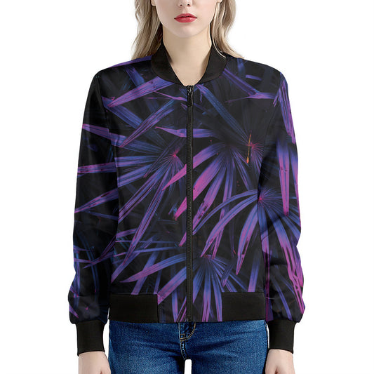 Violet Tropical Leaves Print Women's Bomber Jacket