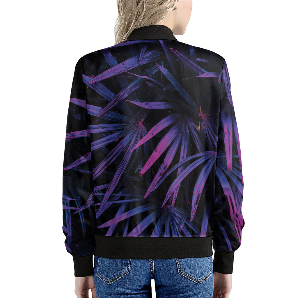 Violet Tropical Leaves Print Women's Bomber Jacket