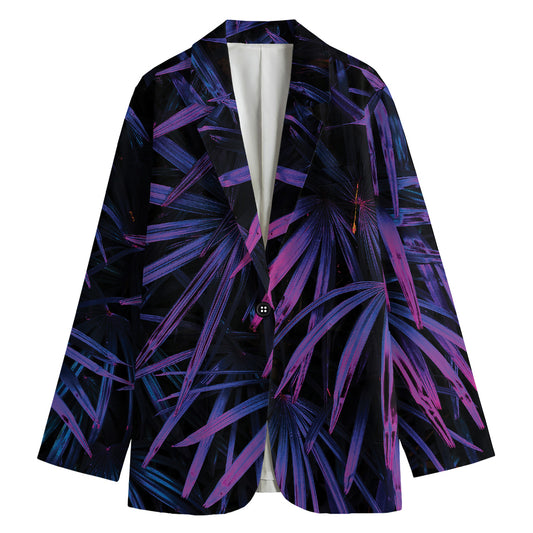 Violet Tropical Leaves Print Women's Cotton Blazer
