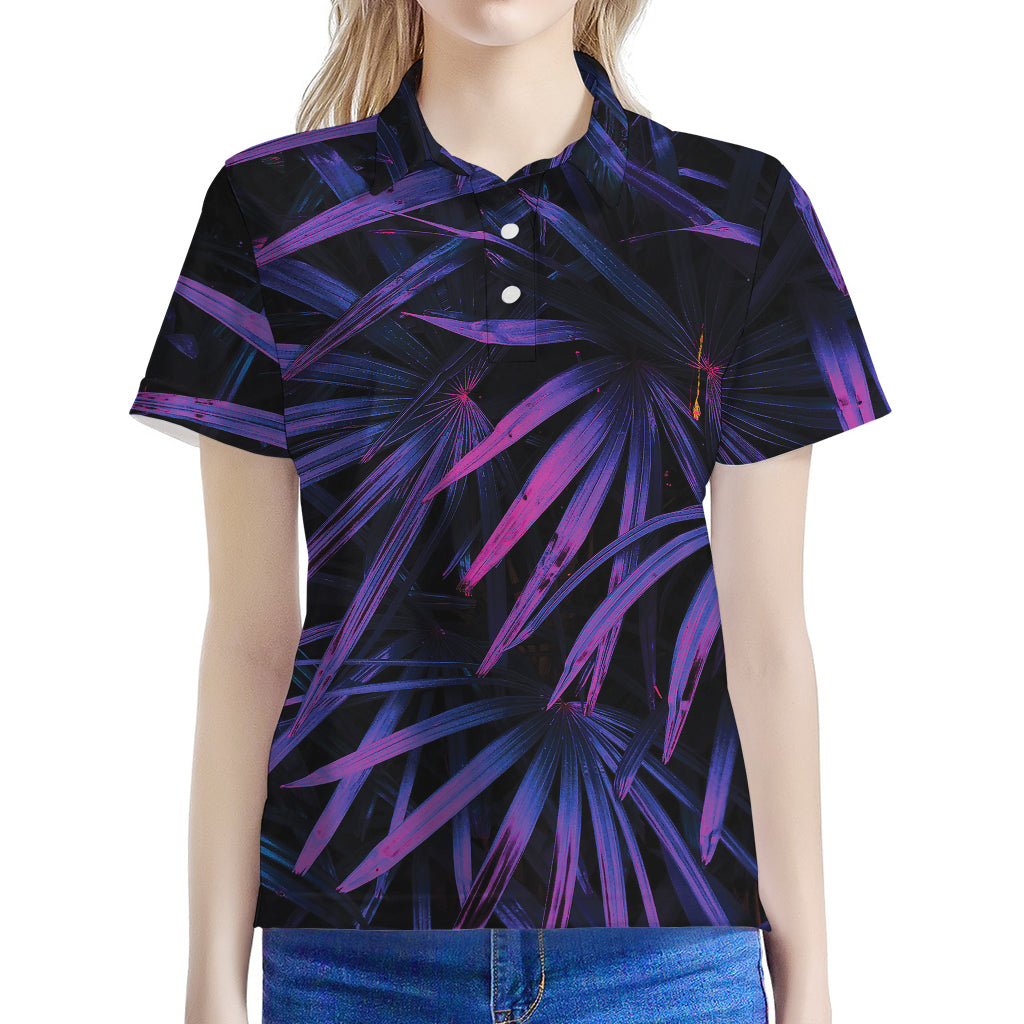 Violet Tropical Leaves Print Women's Polo Shirt