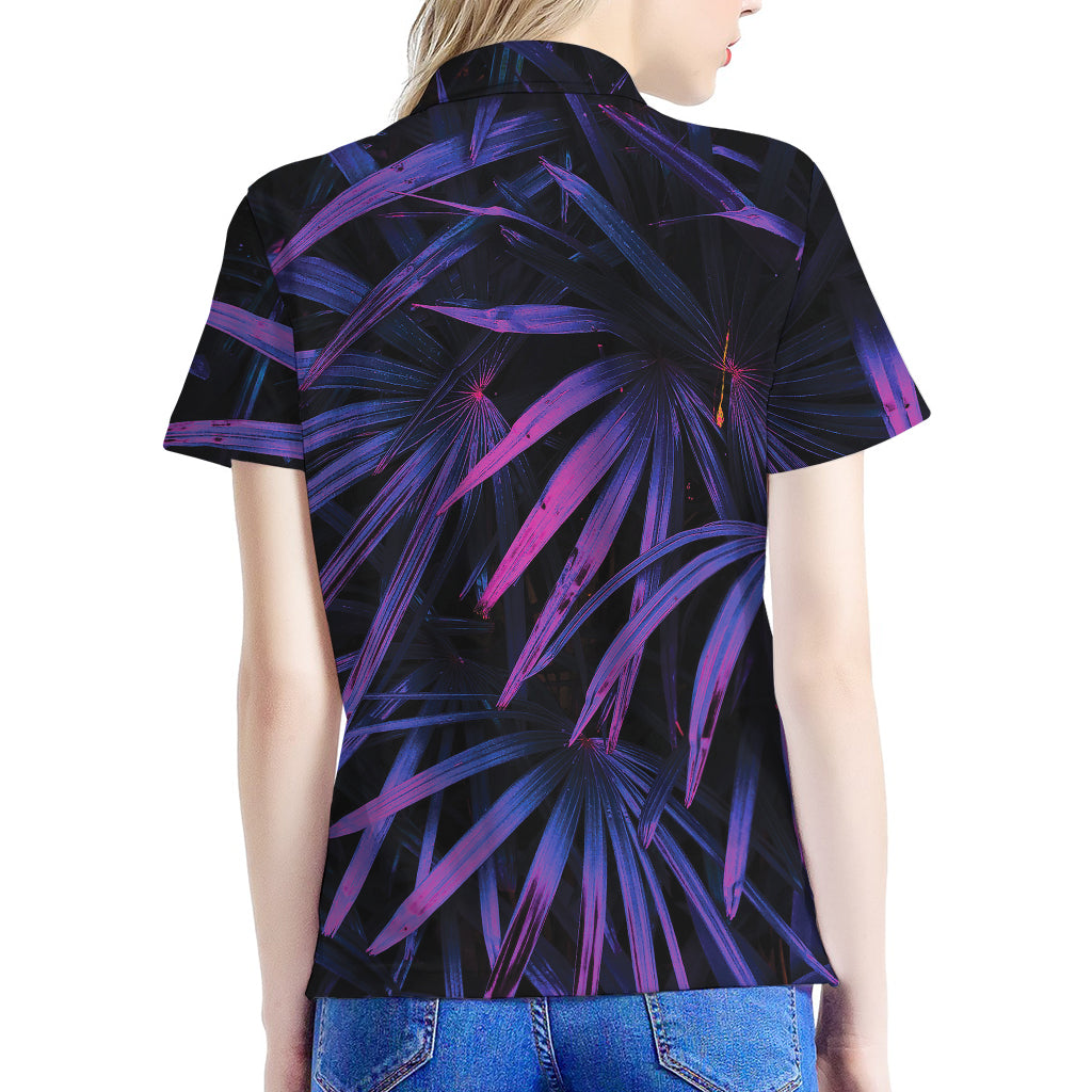 Violet Tropical Leaves Print Women's Polo Shirt