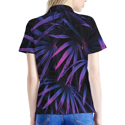 Violet Tropical Leaves Print Women's Polo Shirt