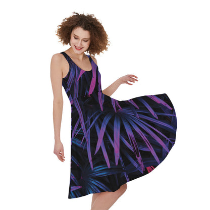 Violet Tropical Leaves Print Women's Sleeveless Dress