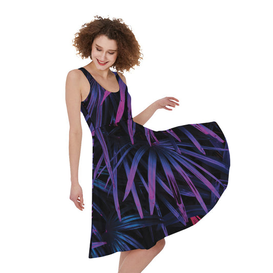 Violet Tropical Leaves Print Women's Sleeveless Dress